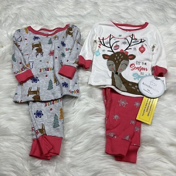 NEW Koala Kids Christmas 4pc Pajama Set 12 Months Pjs Reindeer Ornaments Girls - Picture 1 of 7
